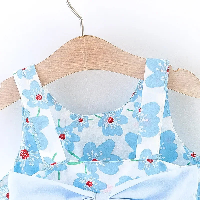 Beach Party Baby Girl Flower Dress Summer New Sweet Bow Children'S Clothing+Hat (9 Months -3 Years Old)