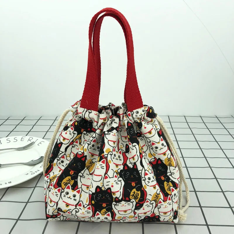 Bolsa de almuerzo de lona con cordón con diseño de anime de dibujos animados japonesa, bolsa plegable para dos fiambreras