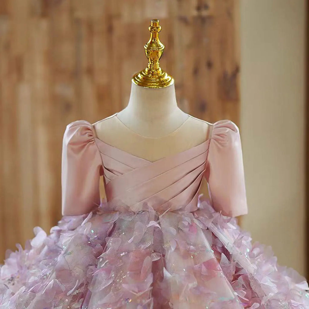 Dreamy Vow J482 Beautiful Sequined Pink Girl Dress Half Sleeves Accented for Kids Event Spring Summer Knee Length Ball Gown