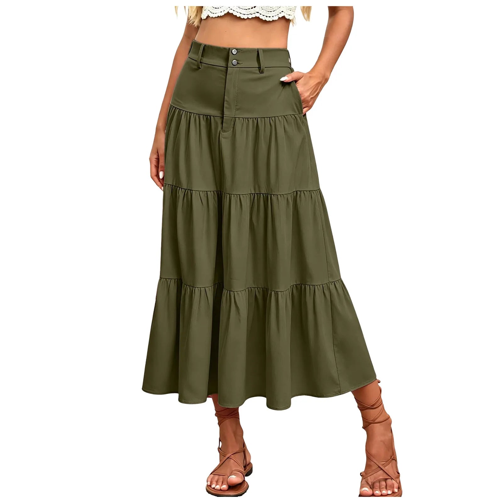 Damen High Waist Midi Mit Elastischem Bund Knopfleiste Eleganter A Linien Leichtem Material Für