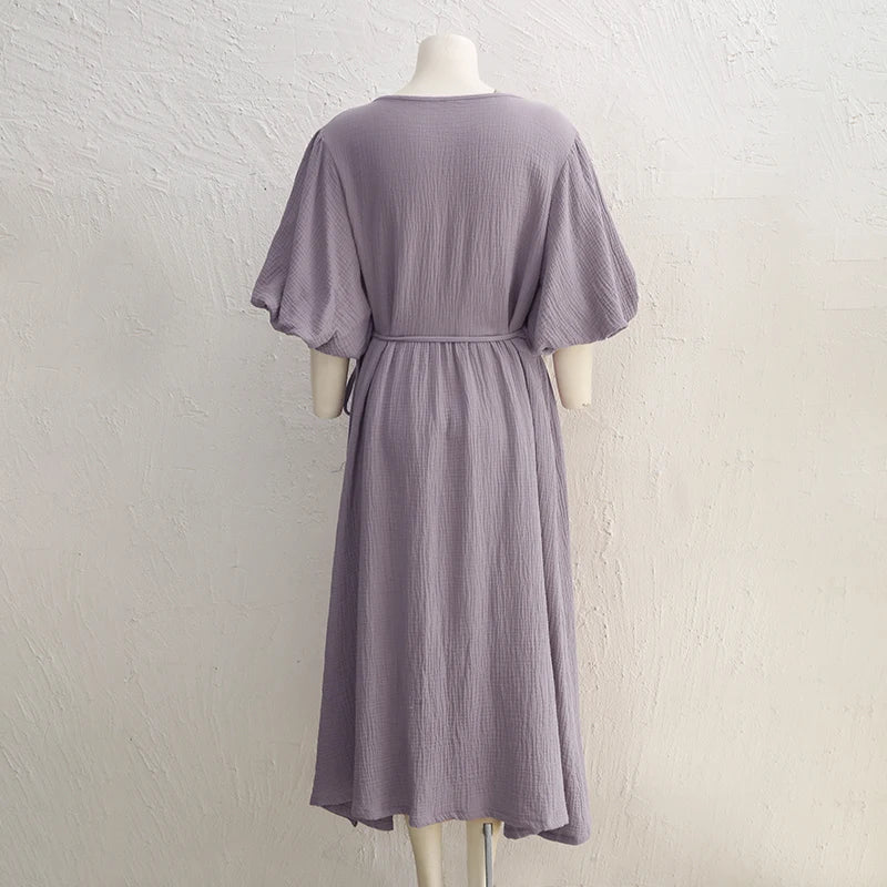 Vintage 100% Cotton Women's Dress Retro Crepe Gauze V-Neck Puff Sleeve Bandage Lace Up Elegant Dresses For Women Long Maxi Robe