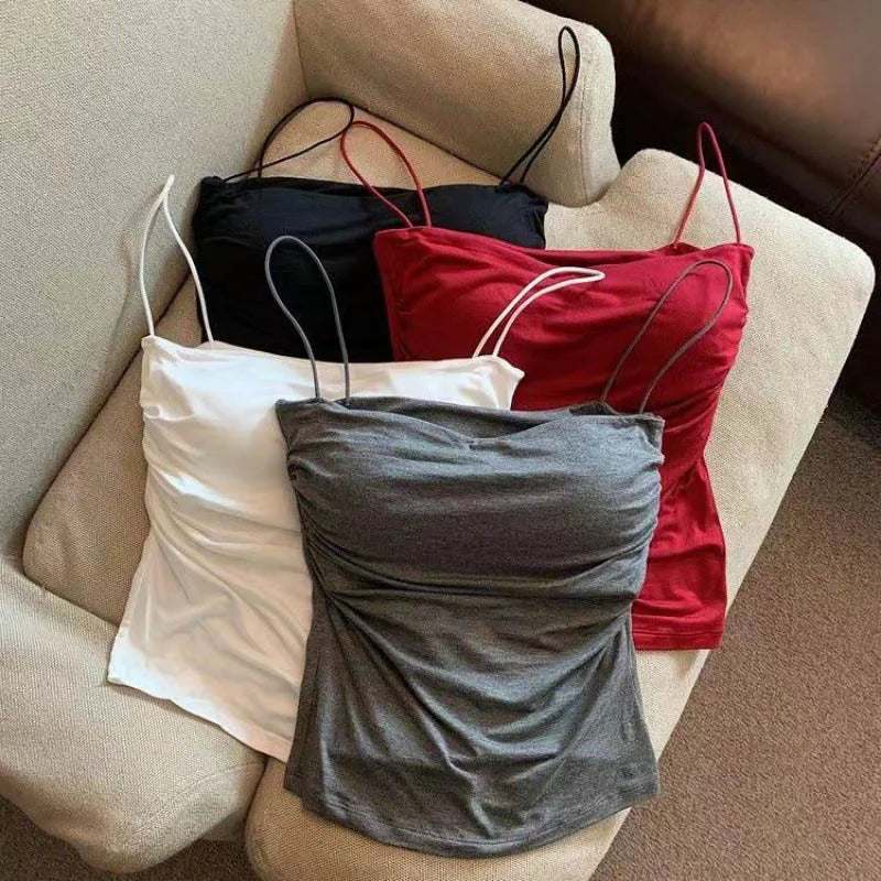 Built In Bra Camisole Tank Top For Women With Medium Stretch Cropped Sleeveless Vest