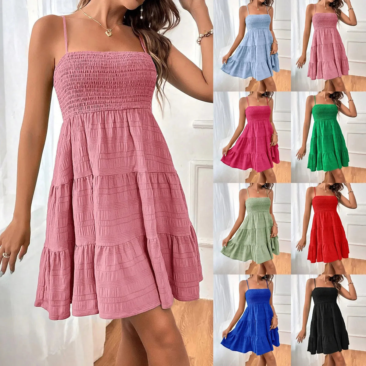 Bohemian Beach Sundress Women Sexy Sleeveless Backless Big Swing Mini Dress Solid Spaghetti Strap Ruffles Dress Summer Vestidos