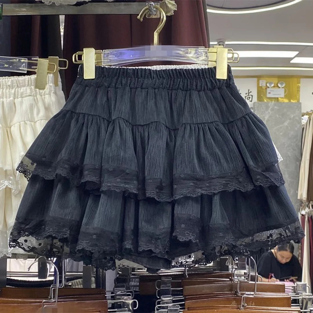 Japanese Y2k Cute Ruffled Plaid Skirt Subculture White Lace Cake Skirts Preppy Casual New Women Princess Puffy Skirts Mini Skirt