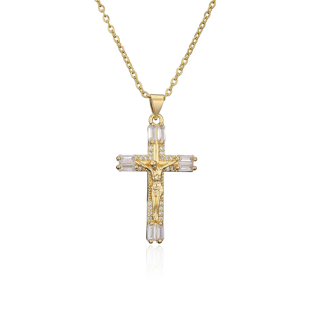 Newbuy Gold Color Jesus Cross Pendant Stainless Steel Chain Necklace For Women'S Men Classic Design Christain Jewelry