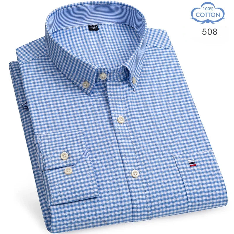 100 Percent Cotton Oxford Shirt For Men Long Sleeve Plaid Pattern Business Office Wear Smart Casual