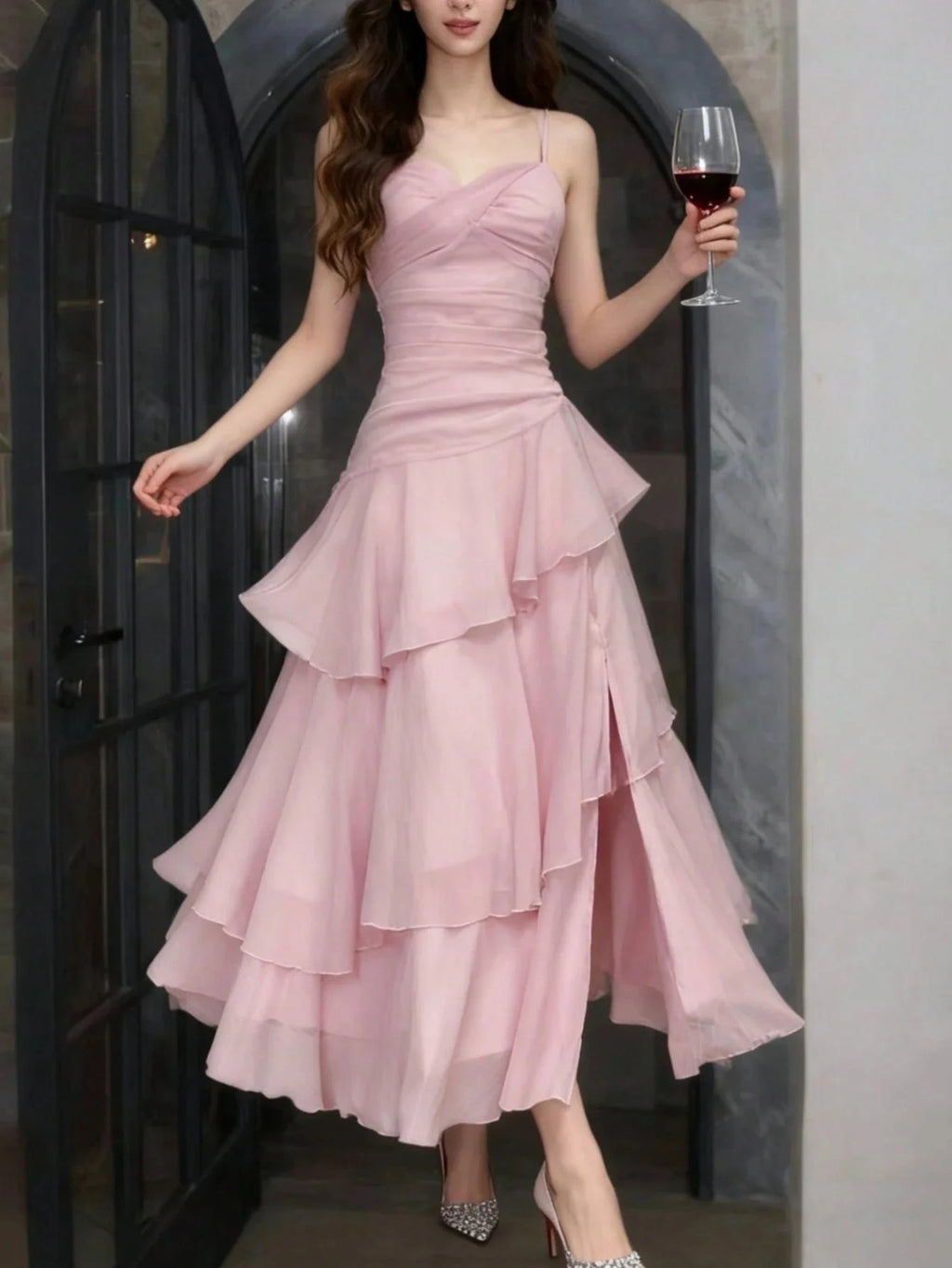 Women Summer Elegant Ruffles Spaghetti Strap Long Dresses Fashion Chic Slim Fit Birthday Cocktail Party Dress Female New Robe