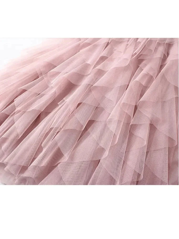 French Romantic Layered Tulle Cake Skirt, High-waisted Slimming Asymmetrical Midi Fairy Skirt