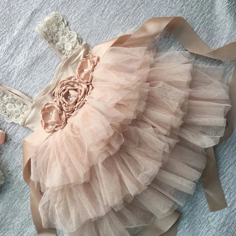 Flower Girl Lace Tulle Dress Elegant Princess Weddings Birthday Party Costumes for 3m To 7y Girls Baptism Festival Ball Gown