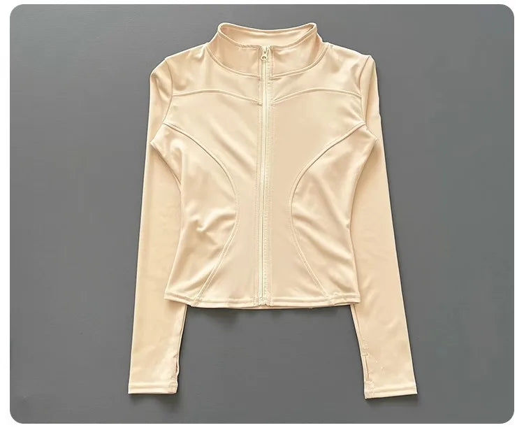 Women's Workout Jacket Stretch Fitted Zip Front Long Sleeve Running Yoga Slimming Waist-Cinching Stand Collar Quick-Dry Sportswe