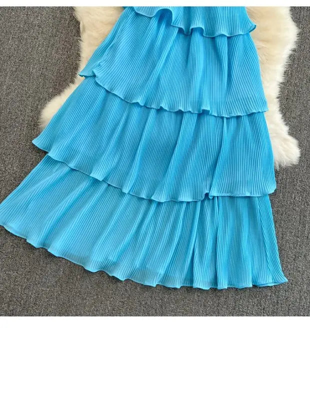 Beach Vaion Vintage Women's V-ne High-waist Cake Dr Ele Aosphere Maxi Skirt Loose Fit ort Sve Ci Commute