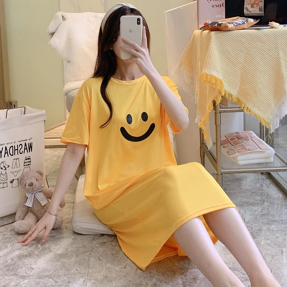 Summer Women Nightgown Lady Casual Short-sleeve Long Dress Loose Girl Loungewear Student Dress Outside Woman Casual Home Dress