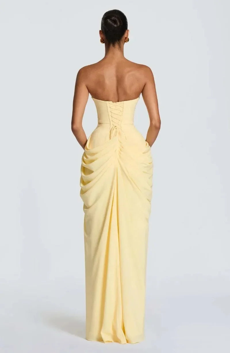 Elegant Strapless Ruched Maxi Dress Sexy Backless Lace Up Cinched Waist Slit Draped Bodycon Dresses Cocktail Party Evening Gown
