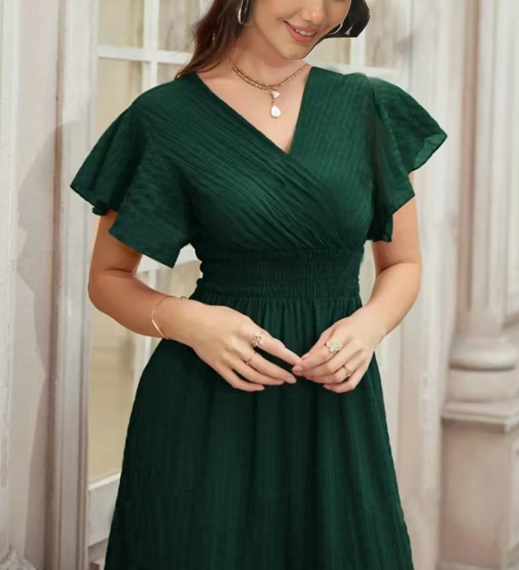 Elegant Women's Summer Casual Solid Color Long Dress Fashion Holiday Sexy V Neck Pleated Short Sleeve Maxi Dresses Vestido