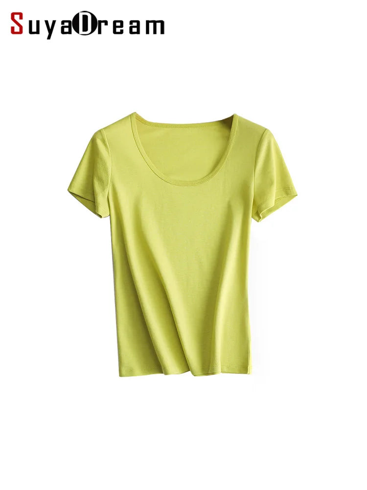 SuyaDream 2022 Woman Summer Tee Silk Acetate Blend U Neck Slim Waisted Solid Cosy T Shirt Candy Colors Top
