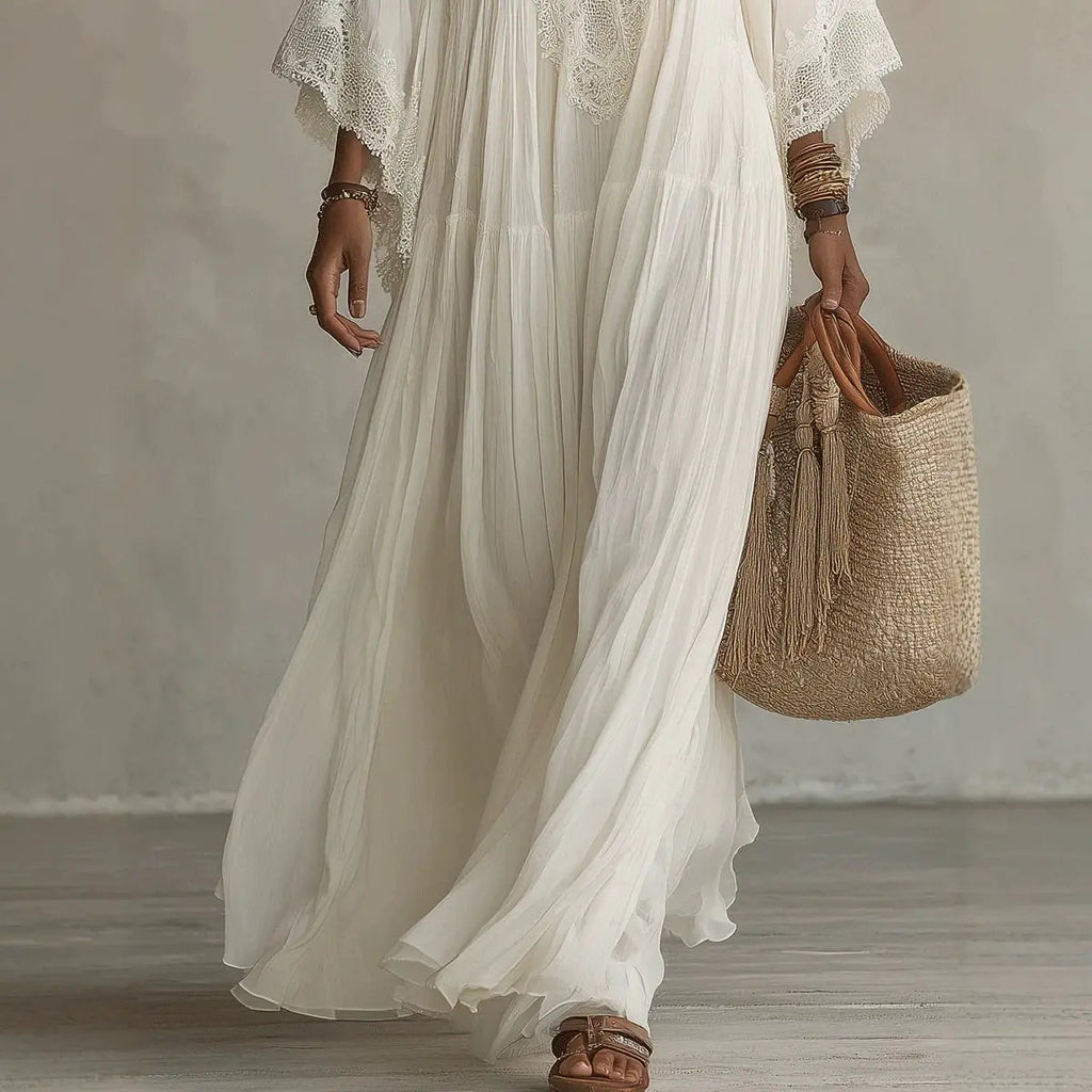 Robe Vestidos Summer Elegant Solid Dresses Womens Casual Lace Trim V Neck Flowy Maxi Dress Beach Holiday Party Maxi Dresses