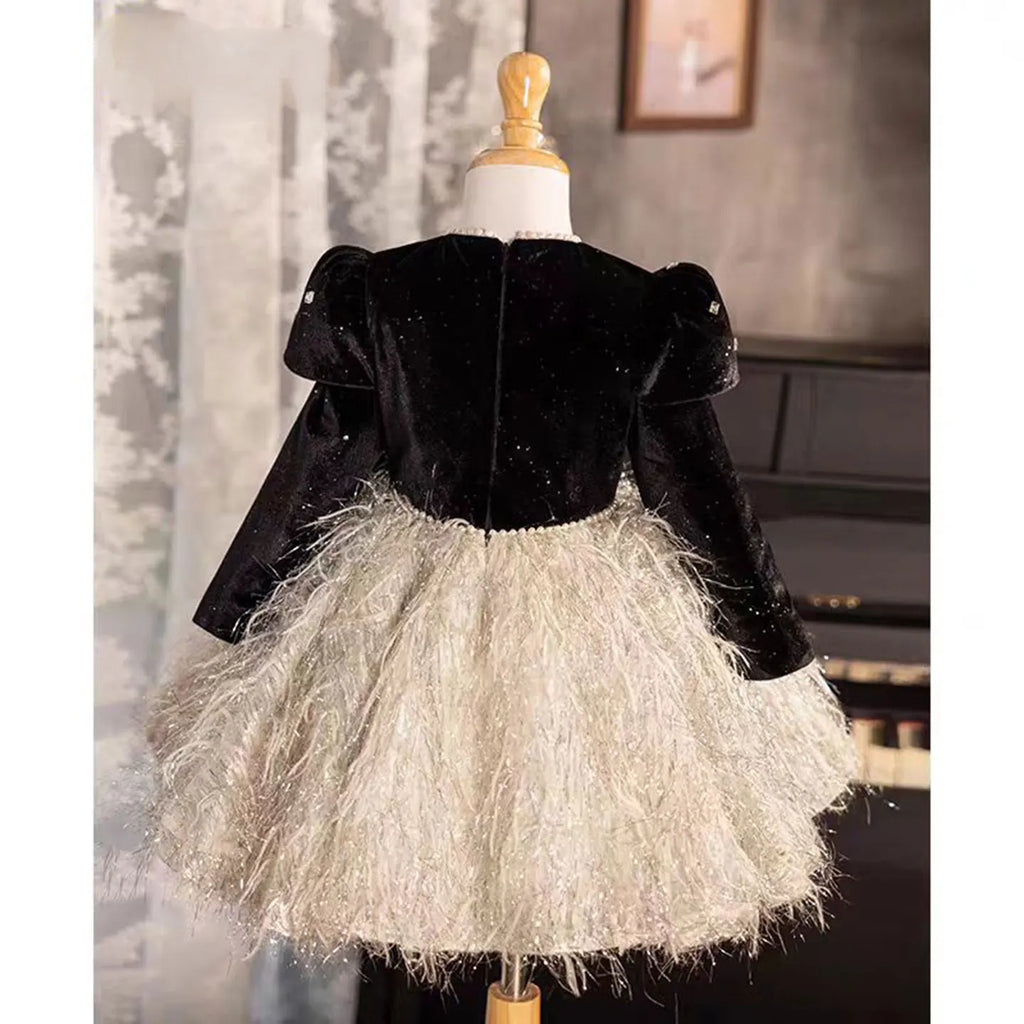 Dreamy Vow J724 Glamorous Girl Dress Long Sleeved Feather Bowed for Kids Holiday Birthday Party Princess Knee Length Ball Gown