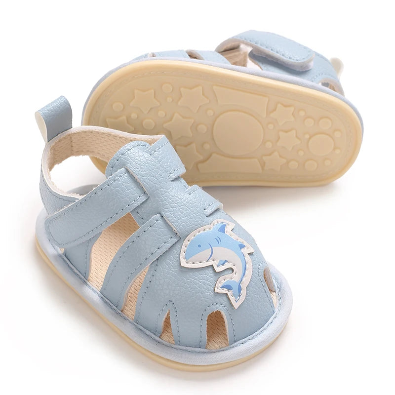 Blue 0-18M baby sandals for girls PU butterfly dew toe solid summer outdoor soft sole non slip rubber baby shoes for learning to