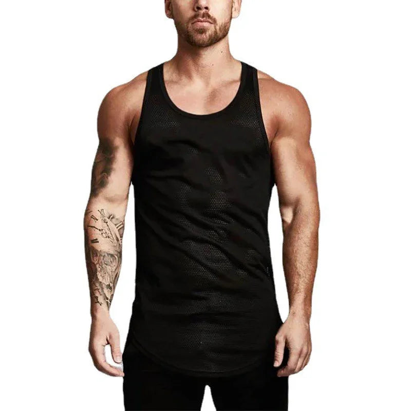 Plain Men Fitness Running Slim Fit Tank Tops Mesh Breathable Sleeveless Quick Dry Singlets Gym Bodybuilding Workout Muscle Shirt