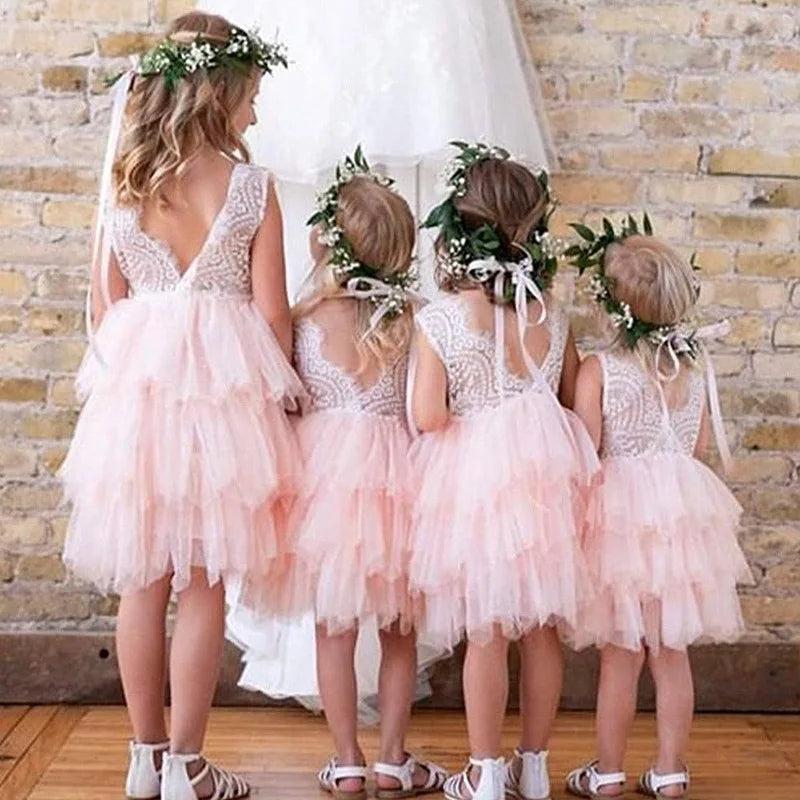 Baby Girls Sleeveless Lace Tutu Birthday Dress for Children Ruffles Eyelash Lace Flower Girl Dresses for Weddings Clothes