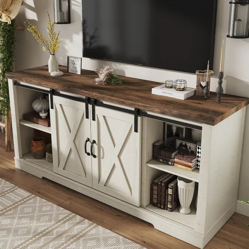 AMERLIFE Fireplace TV Stand with Sliding Barn Door Farmhouse Fireplace Entertainment Center with Storage Cabinets/Adjustable
