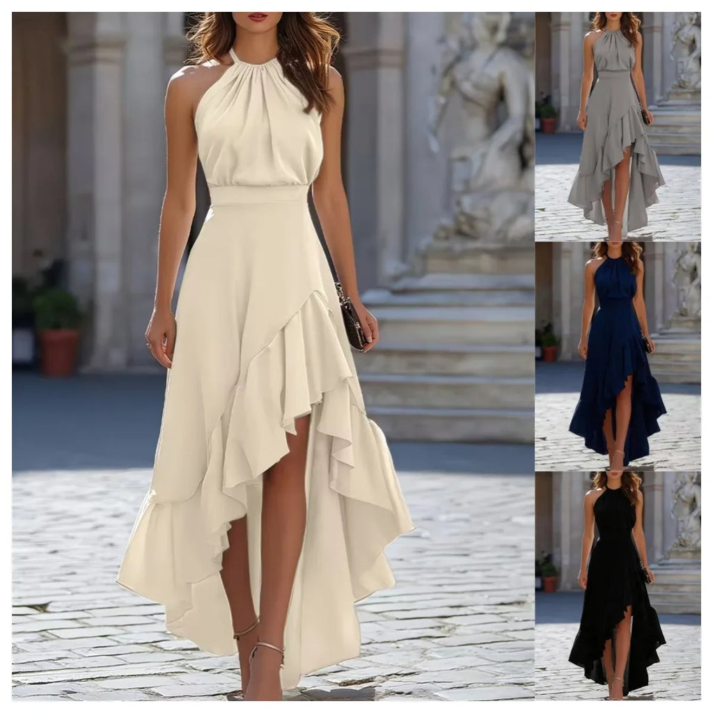 Women Halter Neck Sleeveless Ruffle Asymmetrical  Maxi Dress  Summer Beach Vacation