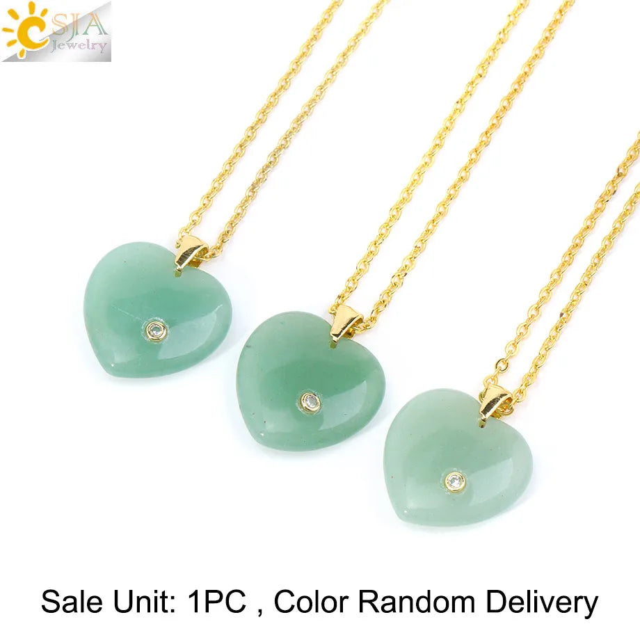 Csja Stainless Steel Heart Pendant Necklace With Natural Stone Amethyst Rose Quartz Crystal For Women DIY Jewelry Makers