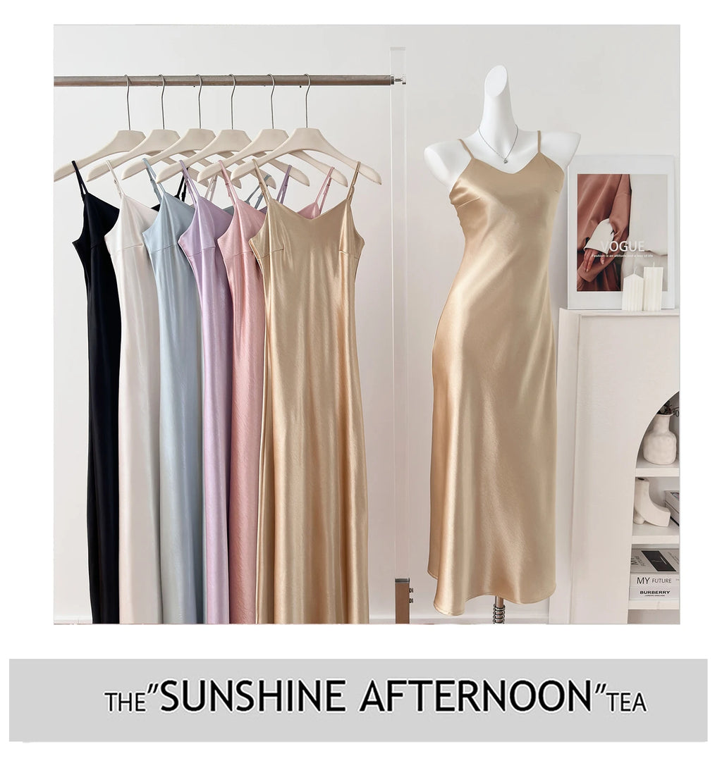 Elegant Chinese Style Satin V-Neck Sleeveless Women's Dress Slimming Waist Design Summer City Walk Long Skirt Inner Wear