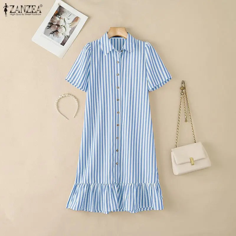 2026 Summer Striped Dress ZANZEA Women Elegant Work Dresses Short Sleeve Buttons Down Sundress Casual Holiday Knee Length Robe