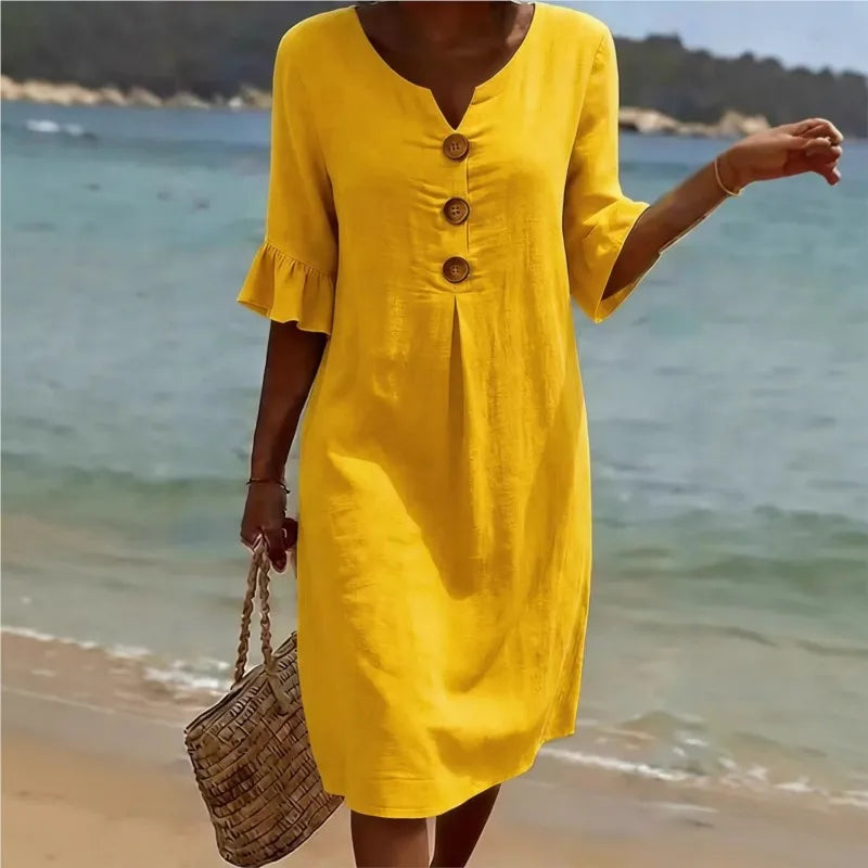 Simple Casual Women's Solid Color Midi Dress V Neck Button 3/4 Sleeve Loose 2026 New Summer Beach Vacation Dresses With Pockets