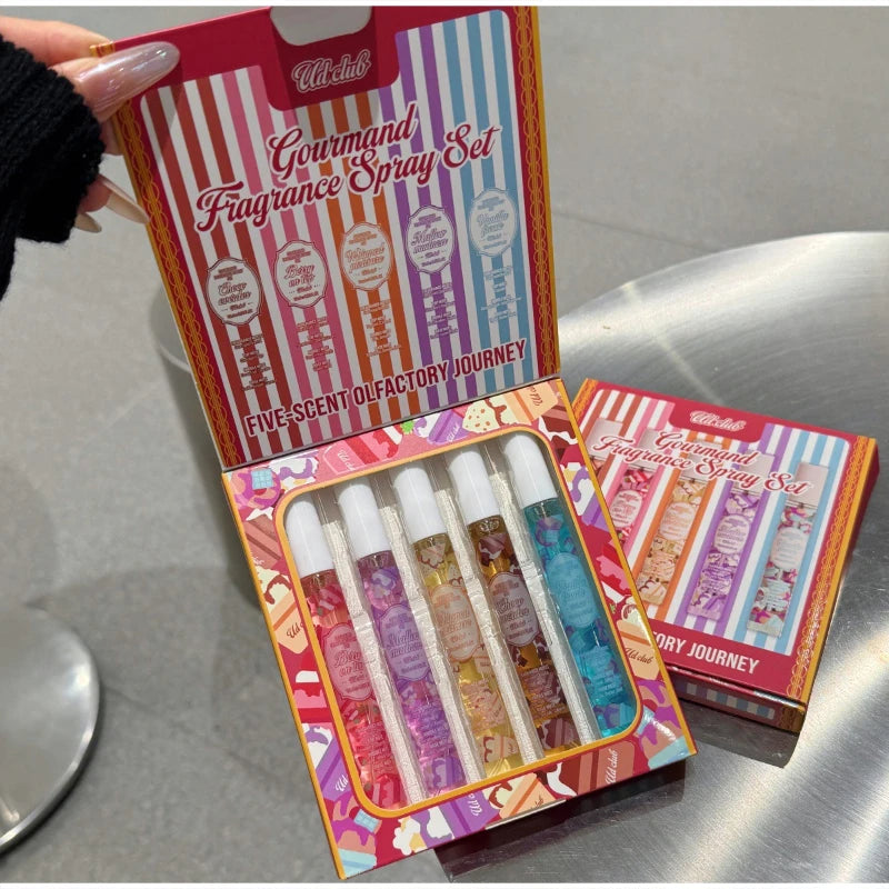 5pcs Gourmand Perfum Set Long Lasting Sweet Vanilla Cake Scent Mini Portable Fragrance Spray Set For Women