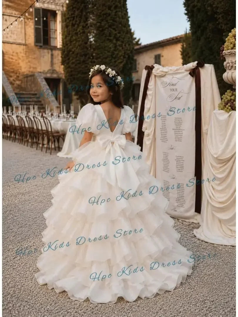 Custom White Tiered Tulle Flower Girl Dress Wedding High-Low Puff Sleeve Gown for  Birthday Party Kids Formal Wear