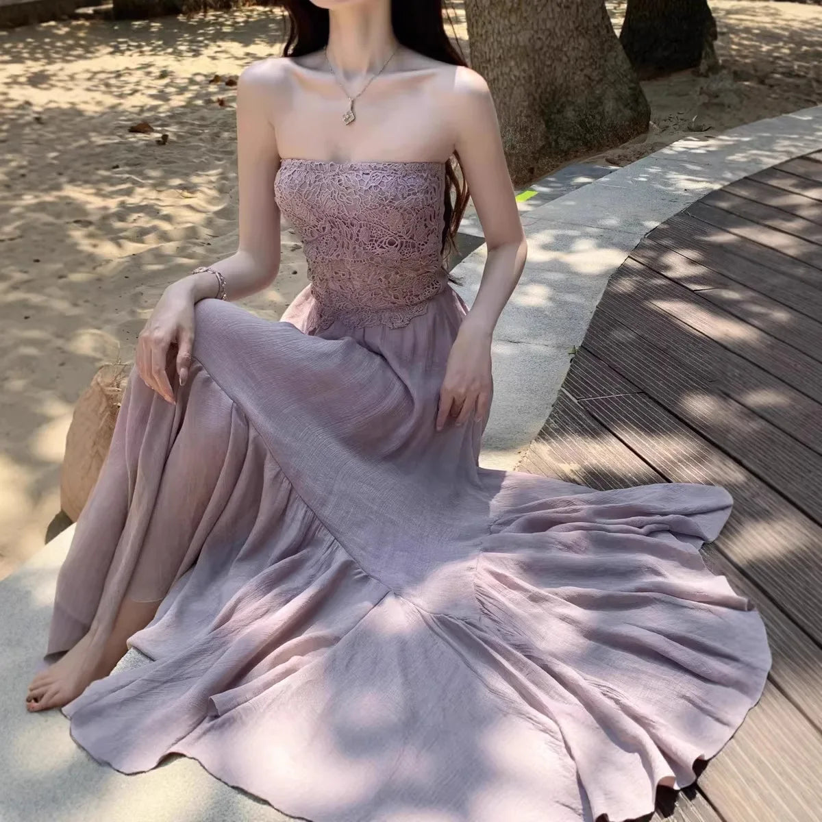 Slimming Dry Rose Splicing Tube Top Beach Dress Women's Style Long A-Line Skirt High Waist No Sleeve Shoulderless Polyester