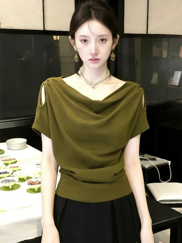 Unique Beautiful Shoulder-baring Short Sleeve T-shirt Women's Summer 2026 New plus Size Loose Fit Korean Style Creative Pattern