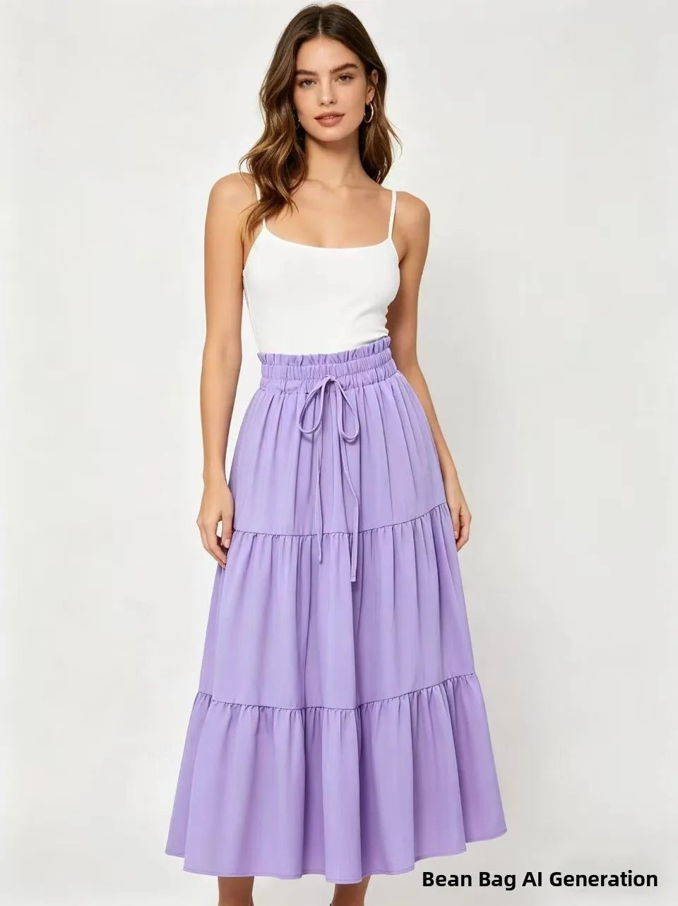 Elegant High Waist A-Line Midi Skirt with Drawstring Pure Color Women's Fashionable Versatile Half-length Skirt for Casual Tr...