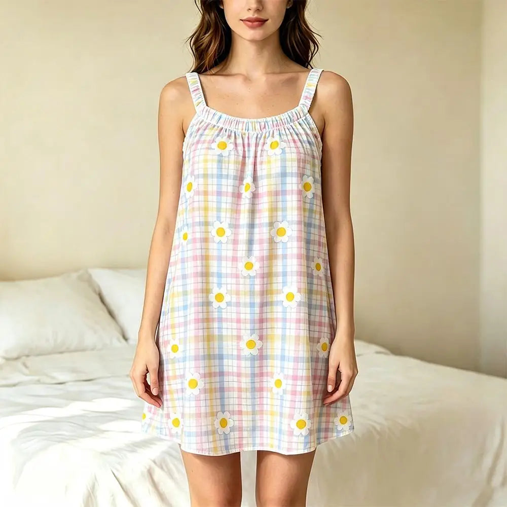 Women Summer Camisole Nightgown Sweet Daisy Plaid Print Loose Sleeveless Night Dress Soft Breathable Casual Ladies Homewear