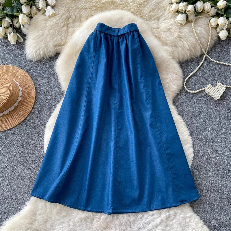 KAROFI Women Bow Tie Elastic Waist Denim Long Skirt Korean A Line Flowy Midi Jeans Skirt Casual Loose Vintage Blue Maxi Skirts