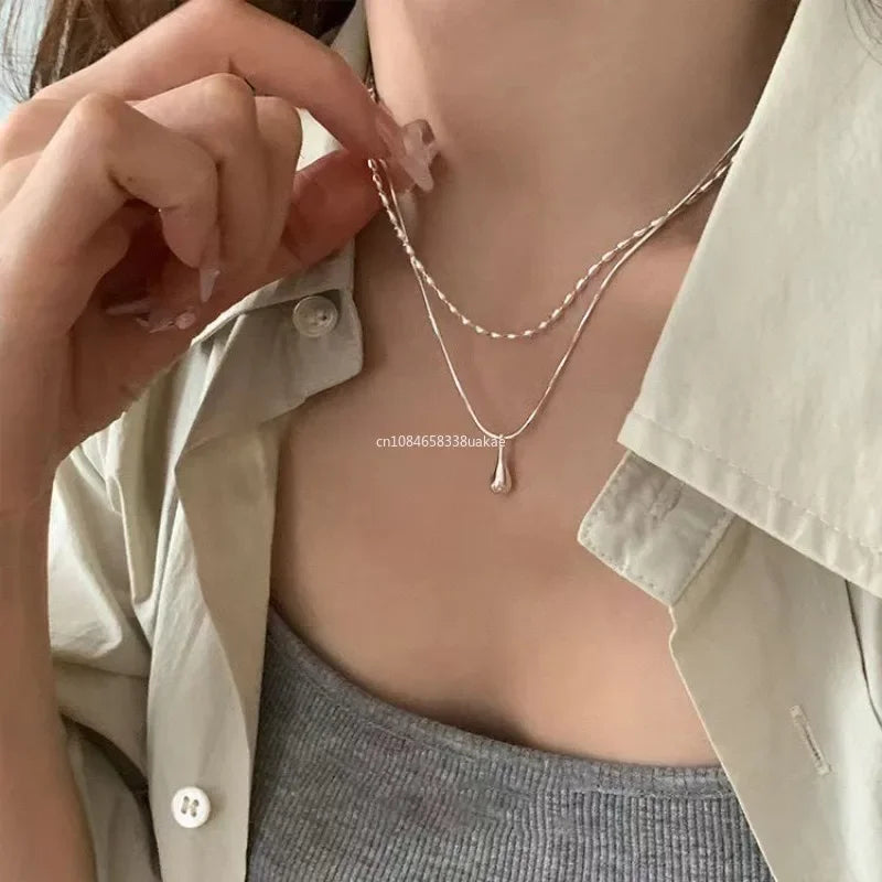 2025 Silver Design Drop Pendant Necklace For Women'S Double Collar Chain Fashion Fine Jewelry Gifts Long Layered Necklace