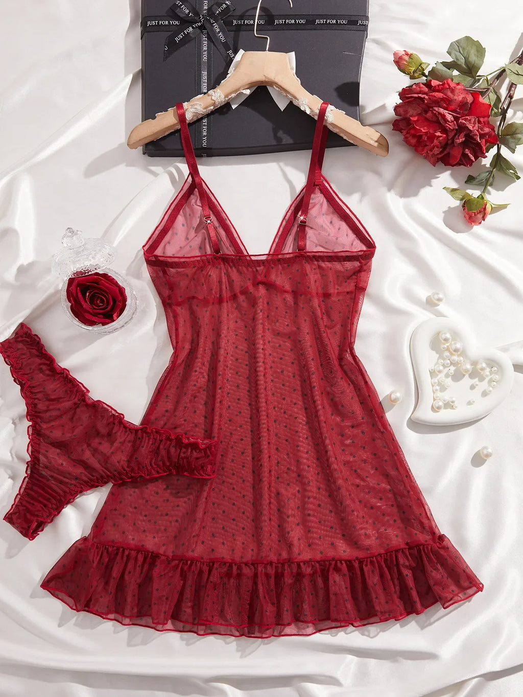 Polka Dot Mesh Babydoll Lingerie Set Strap V Neck Ruffle Hem Bodycon Dress Women's Butterfly Knot Cross Border Sheer Dress