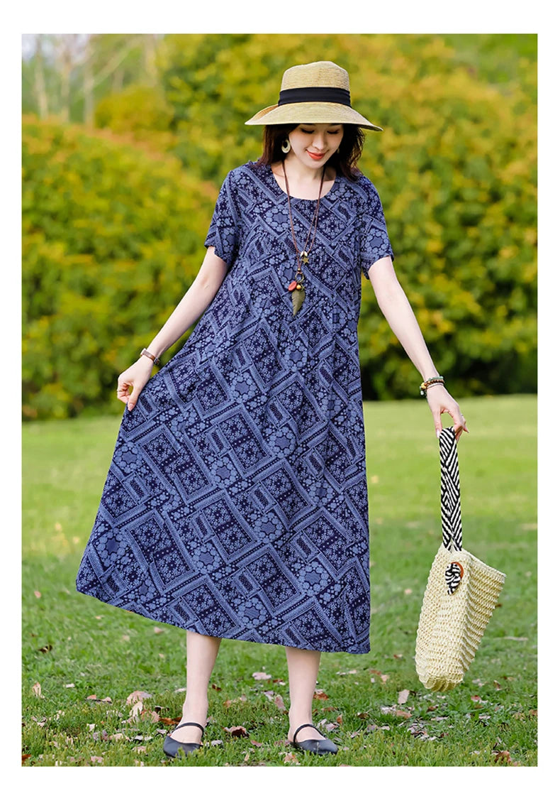 New Print plus size 2026 New Fashion Floral Printed Summer Dress Vestidos Elegant Short Sleeve Slim O-Neck Party Women clothing