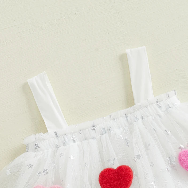 1-9Y Cute Kids Girl Tulle Mesh Lace Dress Bow Front Heart Sleeveless Layered Tulle Dress Plush Heart Ball Cake Dress Costume
