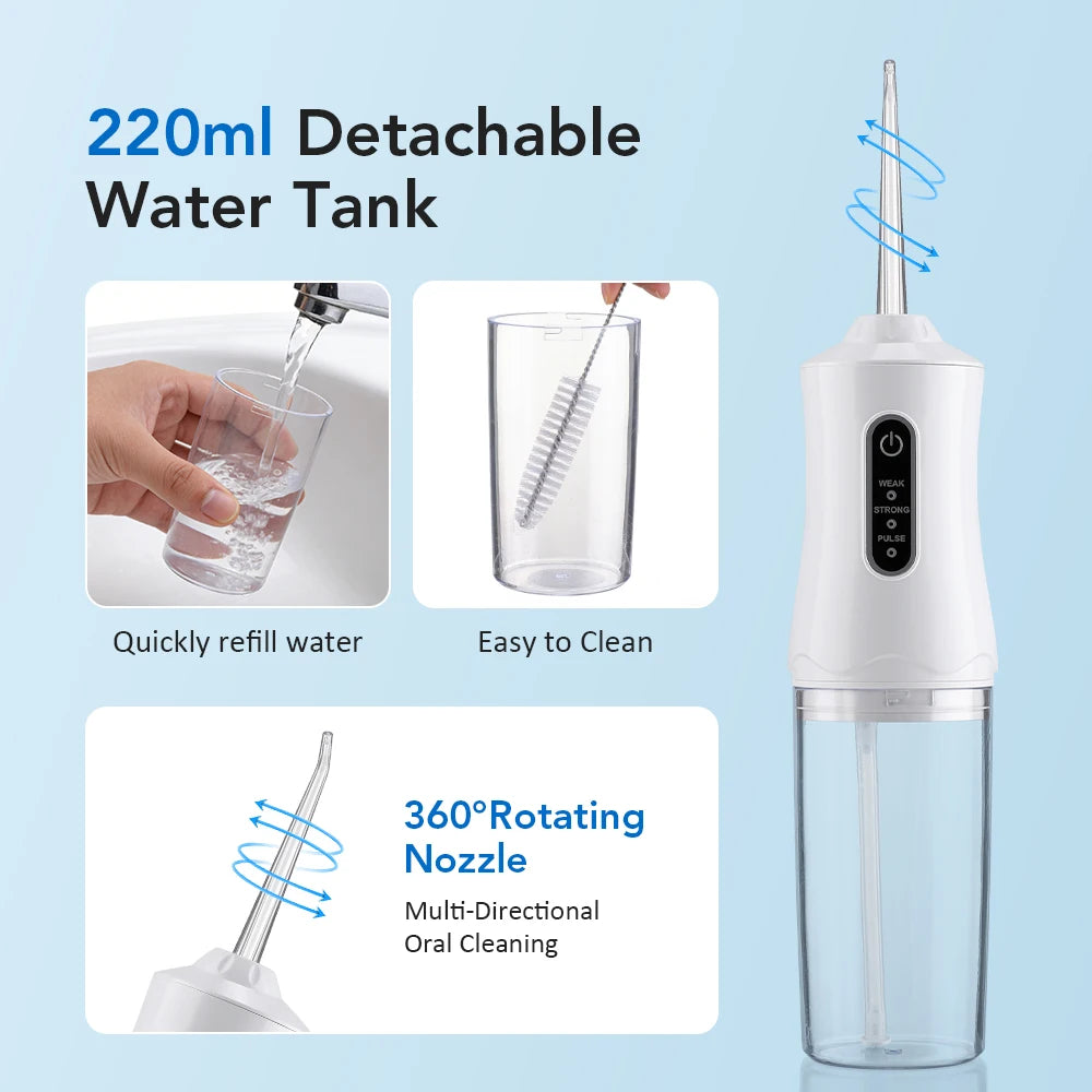 Portable Water Flosser 3 Modes 1200 Pulses/min 220ml Tank 500mAh Rechargeable 360° Nozzle Oral Irrigator Teeth Cleaner Home Use