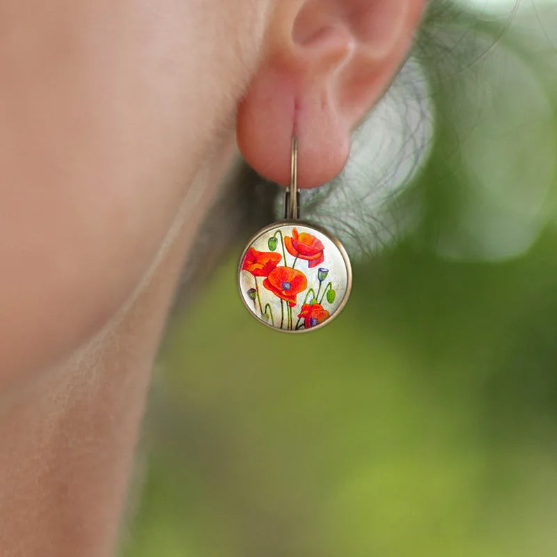 Hot Selling Pop Jewelry Dome Glass Alloy Earrings Flower Painting Noble Fashion