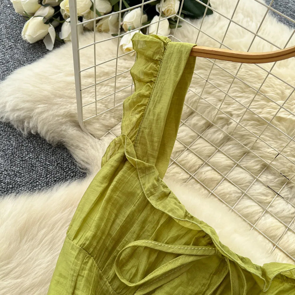 Summer French Sweet Camisole Ruffle Edge Dress for Women New Style with Straps Waist Cinching Vacation Style Dress C579