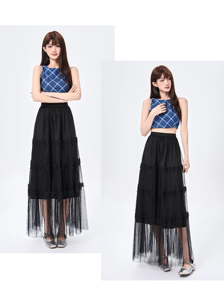 Women's Skirt Spring Summer Tiered Tulle High Waist Ruffle Hem A-Line Pleated Maxi Layered Mesh Cake Skirt Female Faldas SK120