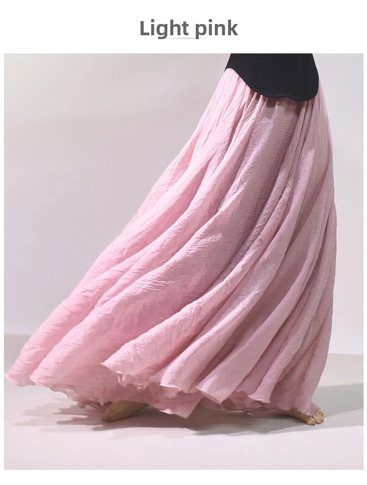 New In 2026 Spring Summer Woman Cotton Linen Midi Skirt Solid Color Loose Flared Pleated A-line Skirt Female Sweet Elegant Skirt