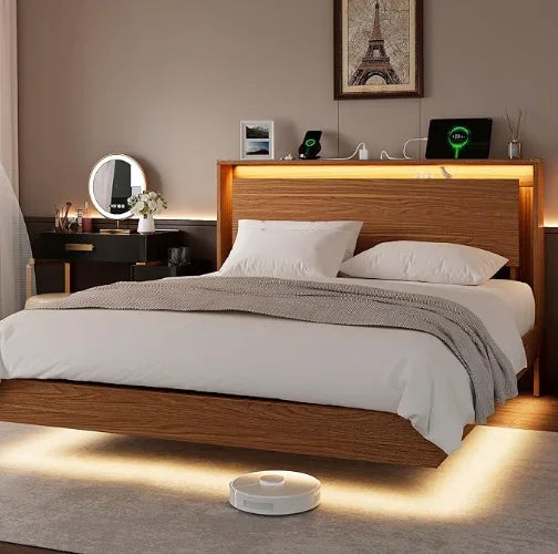 Einhomn King Size Bed Frame with LED Lights & Charging Station – Wood Floating Bed Frame with Storage Headboard, Adhesive Slats
