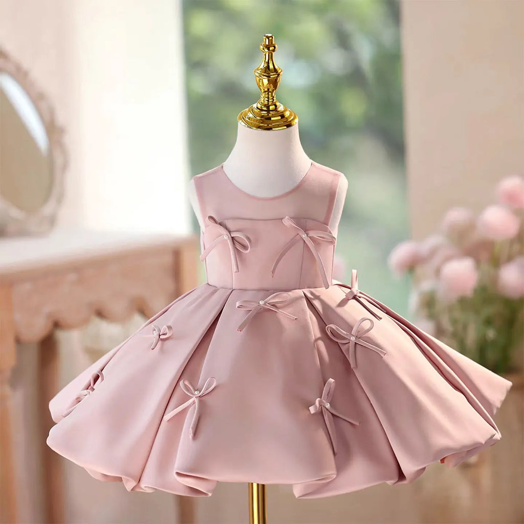 Dreamy Vow D097 Elegant Pink Bow Sleeveless Knee-Length Baby Girl Dress For Kids Birthday Party Spring Summer Prom Tulle Dress