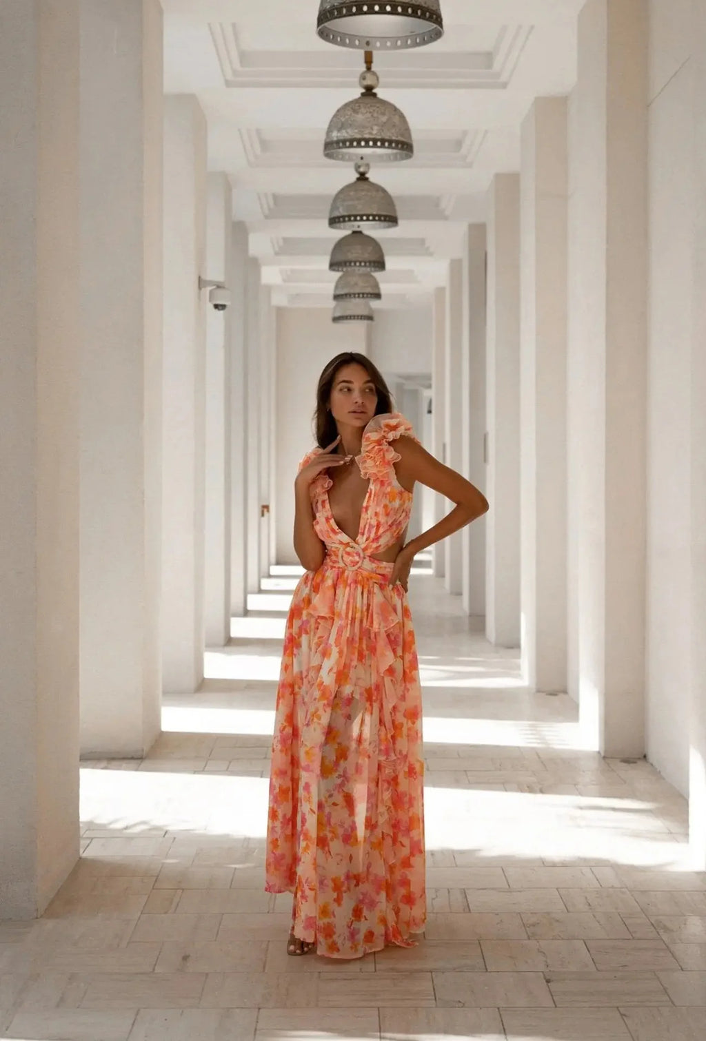 Floral Dress Women Spring Summer Deep V Neck Ruffle Hem Hollow Out Backless Maxi Dresses Bohemian Beach Sundress Outfit