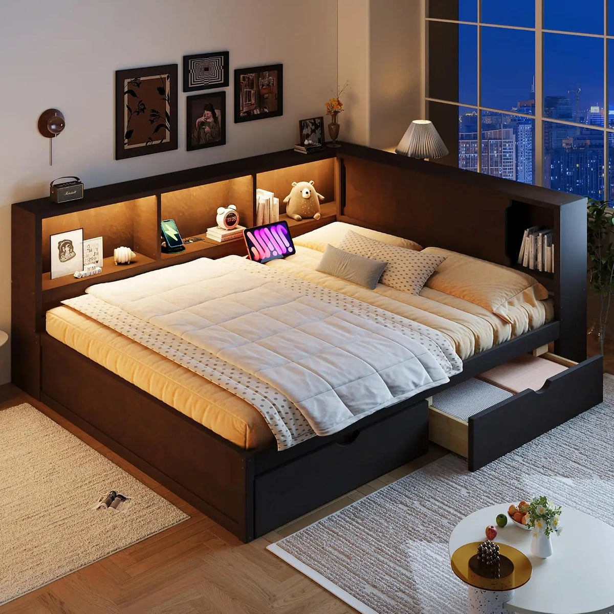 Queen Corner Bed with Storage Drawers & Bookcase, L-Shaped Daybed with LED & USB, Wood Frame for Living Room Bedroom, Customized
